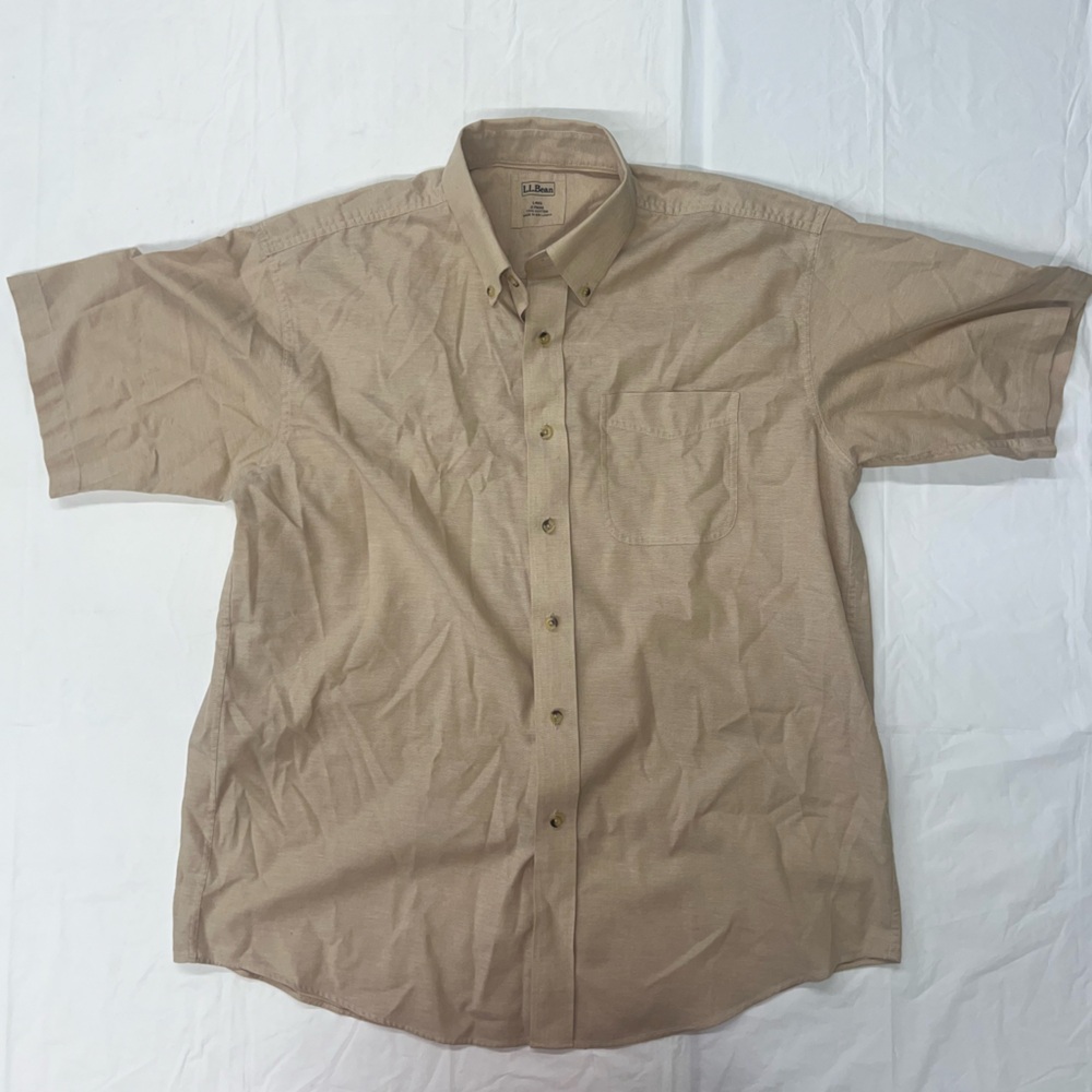 LL Bean Mens Large Tan Camp Dress Shirt Button Down Short Sleeve